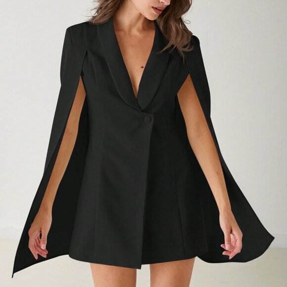 Black Elegant Women's Button-Front Long Sleeve Casual Blazer - Picture 5 of 8